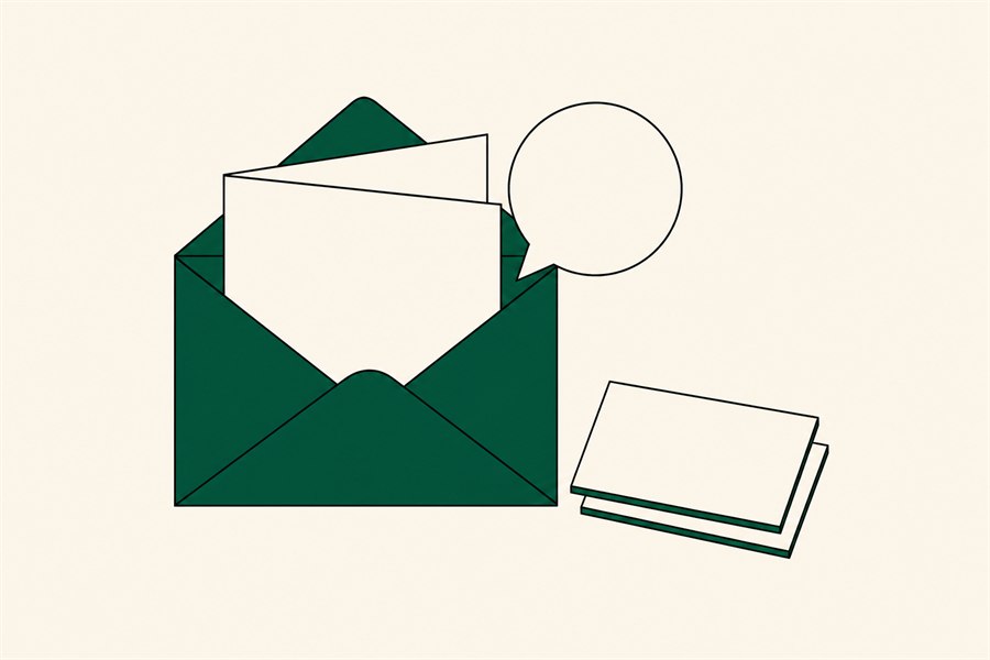 Illustration of an open envelope with a letter emerging, a speech bubble outline and a small stack of cards.