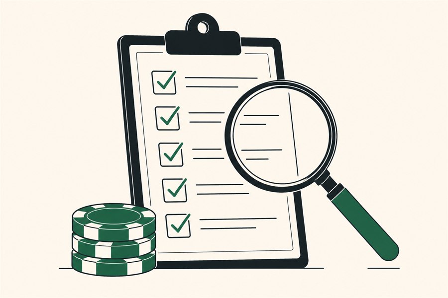 Illustration of a checklist on a clipboard being examined through a magnifying glass, with a stack of casino chips beside it.