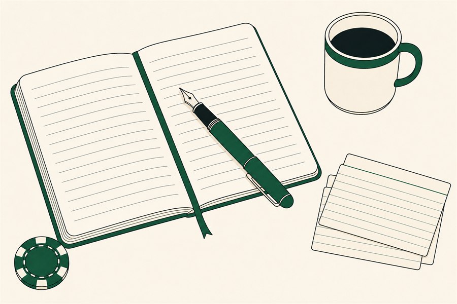 Illustration of an open ruled notebook with a fountain pen across it, index cards, a coffee cup and a casino chip used as a paperweight.