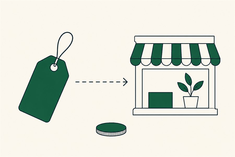 Illustration of a plain price tag connected by a dashed arrow to a small storefront, with a single coin below.