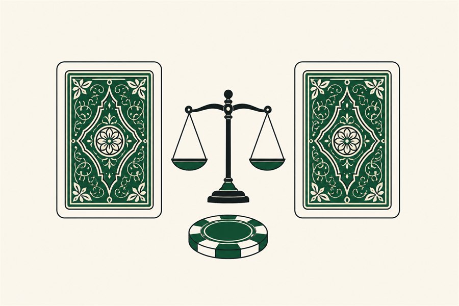 Illustration of two face-down playing cards on either side of a small set of balance scales, with a casino chip in front.