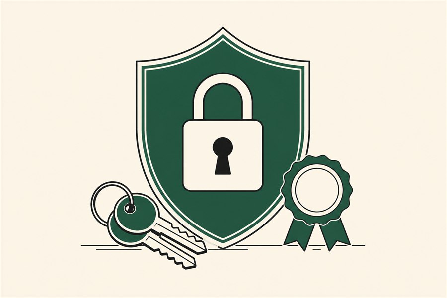 Illustration of a shield with a padlock at its centre, a certificate seal and a set of keys.