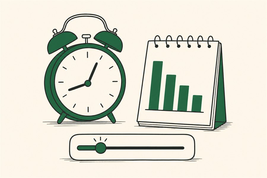 Illustration of an alarm clock beside a flip pad showing descending bars, with a slider control set low underneath.