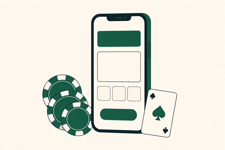 Illustration of a smartphone showing a simplified interface, with casino chips and a playing card resting beside it.