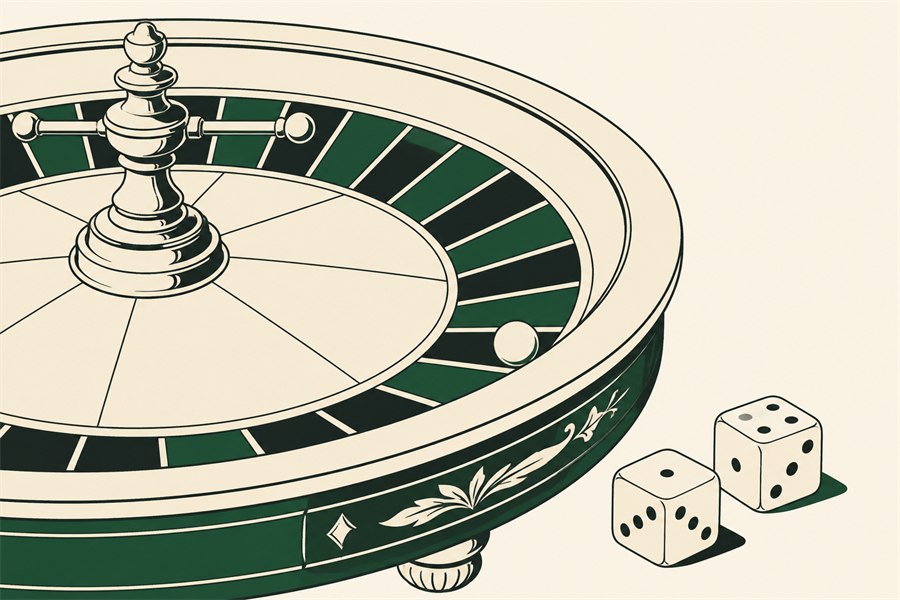 Illustration of a roulette wheel detail with a ball resting in one pocket, and a pair of dice beside it.