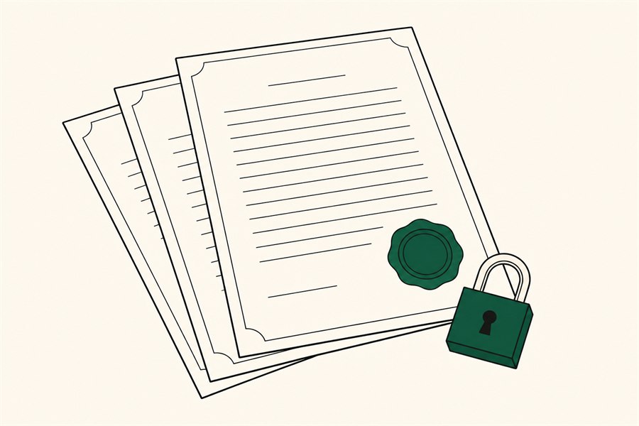 Illustration of a small stack of ruled documents with a wax seal and a padlock resting on the corner.