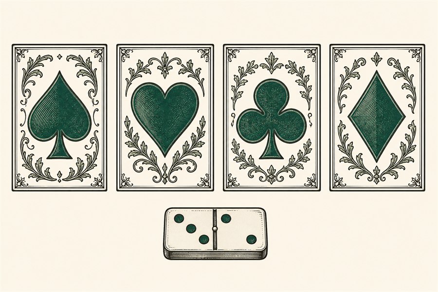 Four framed tiles showing engraved spade, heart, club and diamond suit symbols, with a vintage domino beneath.