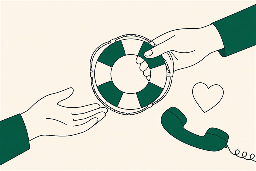 Illustration of one hand passing a lifebuoy ring to another, with a telephone handset and a small heart outline nearby.